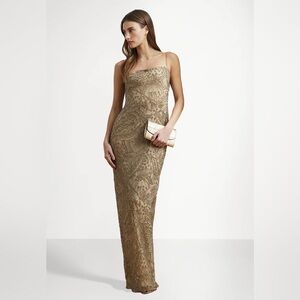 Lauren Ralph Lauren Mesh Beaded Palm Print Square Neck Sleeveless Column Gown